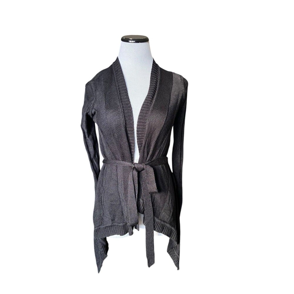 Cache Belted Open Front Waterfall Cardigan Size M Black Lightweight Office Chic‎